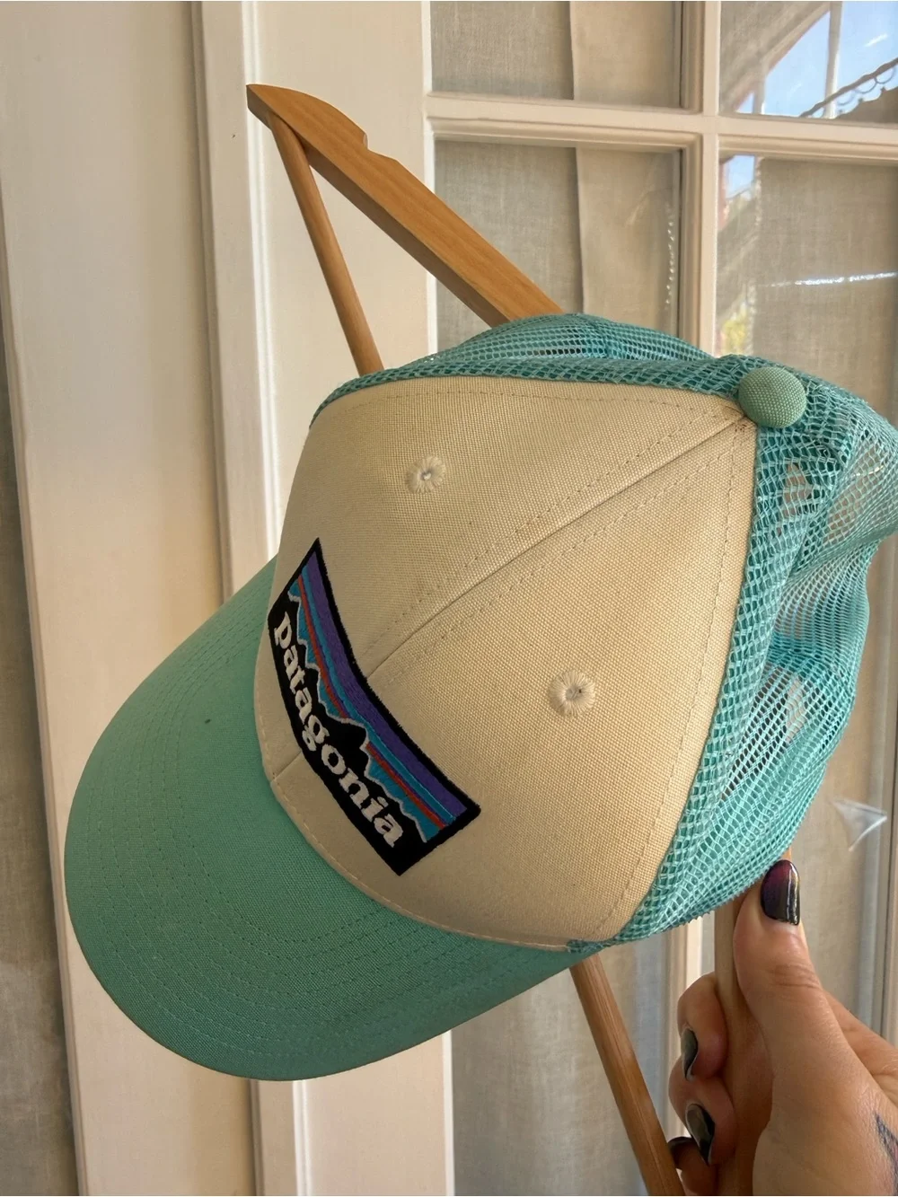 Patagonia Mesh Trucker Hat in Cream and Teal